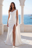 Ruched One Shoulder Mermaid Ivory Sash Wedding Dress with Slit