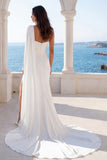 Ruched One Shoulder Mermaid Ivory Sash Wedding Dress with Slit