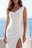 Ruched One Shoulder Mermaid Ivory Sash Wedding Dress with Slit