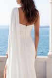 Ruched One Shoulder Mermaid Ivory Sash Wedding Dress with Slit