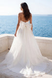 Strapless A Line Ivory Back Bow Wedding Dress with Side Cape