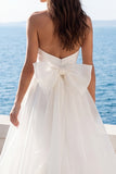 Strapless A Line Ivory Back Bow Wedding Dress with Side Cape