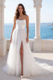 Ivory Strapless Corset A Line Wedding Dress with Slit