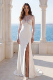 Round Neck Lace Ivory Mermaid Slit Wedding Guest Dress with Long Sleeves