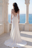 Round Neck Lace Ivory Mermaid Slit Wedding Guest Dress with Long Sleeves