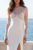 Round Neck Lace Ivory Mermaid Slit Wedding Guest Dress with Long Sleeves