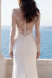 Round Neck Lace Ivory Mermaid Slit Wedding Guest Dress with Long Sleeves
