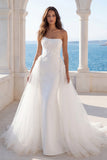 Floral Strapless Ivory A Line Wedding Dress with Side Cape
