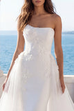 Floral Strapless Ivory A Line Wedding Dress with Side Cape