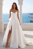 Ruched Satin Sweetheart Ivory A Line Sash Wedding Dress with Slit