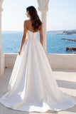 Ruched Satin Sweetheart Ivory A Line Sash Wedding Dress with Slit