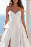 Ruched Satin Sweetheart Ivory A Line Sash Wedding Dress with Slit