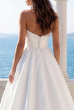 Ruched Satin Sweetheart Ivory A Line Sash Wedding Dress with Slit