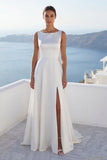 Round Neck A Line Ivory Satin Wedding Dress with Slit
