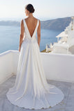 Round Neck A Line Ivory Satin Wedding Dress with Slit