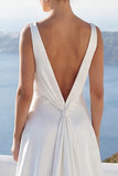 Round Neck A Line Ivory Satin Wedding Dress with Slit