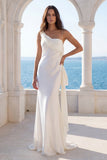One Shoulder Ivory Ruched Mermaid Satin Wedding Dress with Sash