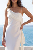 One Shoulder Ivory Ruched Mermaid Satin Wedding Dress with Sash
