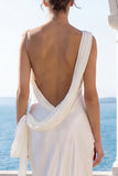 One Shoulder Ivory Ruched Mermaid Satin Wedding Dress with Sash