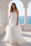 Ruffled Ruched Ivory Strapless A Line Satin Wedding Dress