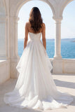 Ruffled Ruched Ivory Strapless A Line Satin Wedding Dress
