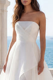 Ruffled Ruched Ivory Strapless A Line Satin Wedding Dress