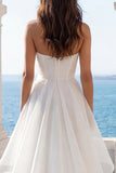 Ruffled Ruched Ivory Strapless A Line Satin Wedding Dress