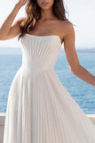 Pleated Strapless Ivory A Line Wedding Dress