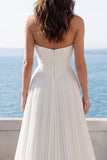 Pleated Strapless Ivory A Line Wedding Dress