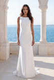 Satin Round Neck A Line Ivory Backless Wedding Dress with Bow