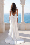 Satin Round Neck A Line Ivory Backless Wedding Dress with Bow