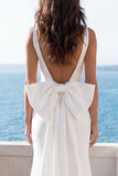 Satin Round Neck A Line Ivory Backless Wedding Dress with Bow