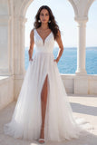 V-Neck Ivory A Line Wedding Dress with Slit