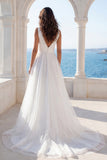 V-Neck Ivory A Line Wedding Dress with Slit