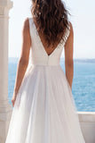 V-Neck Ivory A Line Wedding Dress with Slit