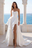 Pearls Ruffled Sweetheart A Line Ivory Wedding Dress with Slit
