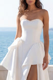 Pearls Ruffled Sweetheart A Line Ivory Wedding Dress with Slit
