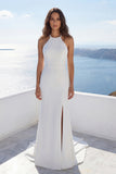 Ivory Halter Mermaid Satin Wedding Dress with Slit