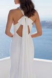 Ivory Halter Mermaid Satin Wedding Dress with Slit
