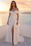 Off The Shoulder Ivory Ruffled Mermaid Wedding Dress with Slit