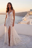 Ivory Lace Spaghetti Straps A Line Wedding Dress with Slit