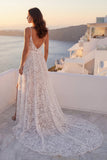 Ivory Lace Spaghetti Straps A Line Wedding Dress with Slit