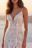Ivory Lace Spaghetti Straps A Line Wedding Dress with Slit