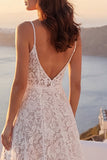 Ivory Lace Spaghetti Straps A Line Wedding Dress with Slit