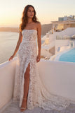 Ivory Lace Mermaid Strapless Wedding Dress with Slit