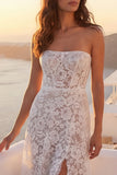 Ivory Lace Mermaid Strapless Wedding Dress with Slit