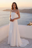Ivory Illusion Neck Beaded A Line Wedding Dress with Long Sleeves