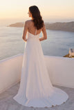 Ivory Illusion Neck Beaded A Line Wedding Dress with Long Sleeves