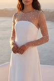 Ivory Illusion Neck Beaded A Line Wedding Dress with Long Sleeves