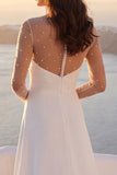 Ivory Illusion Neck Beaded A Line Wedding Dress with Long Sleeves